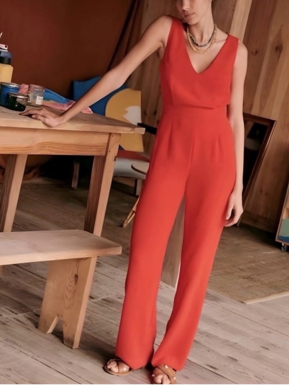 Sezane Vanille V-Neck Button Detail Sleeveless Wide Leg Jumpsuit Rouge FR34 US 2